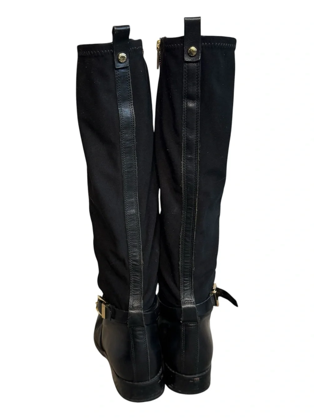 MICHAEL KORS Black Leather Riding Boots Gold Logo Buckle Side Zip Women’s 8.5